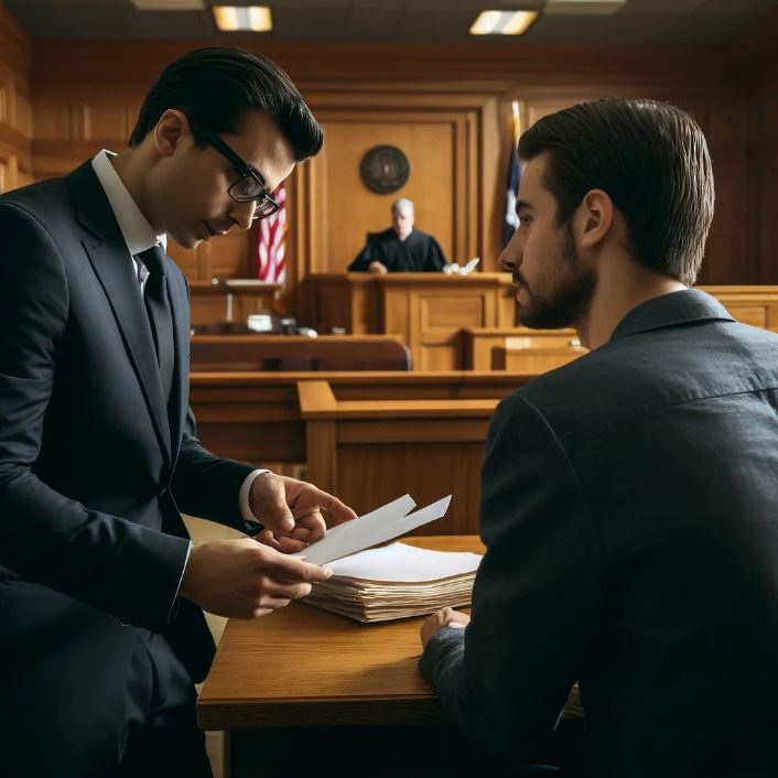 A person in a suit looking at a person in a courtroom

Description automatically generated